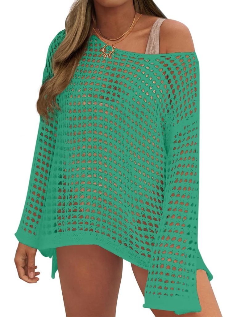 Women's Green Crochet Mesh Hollow Out Bikini Cover Ups For Swimwear Summer